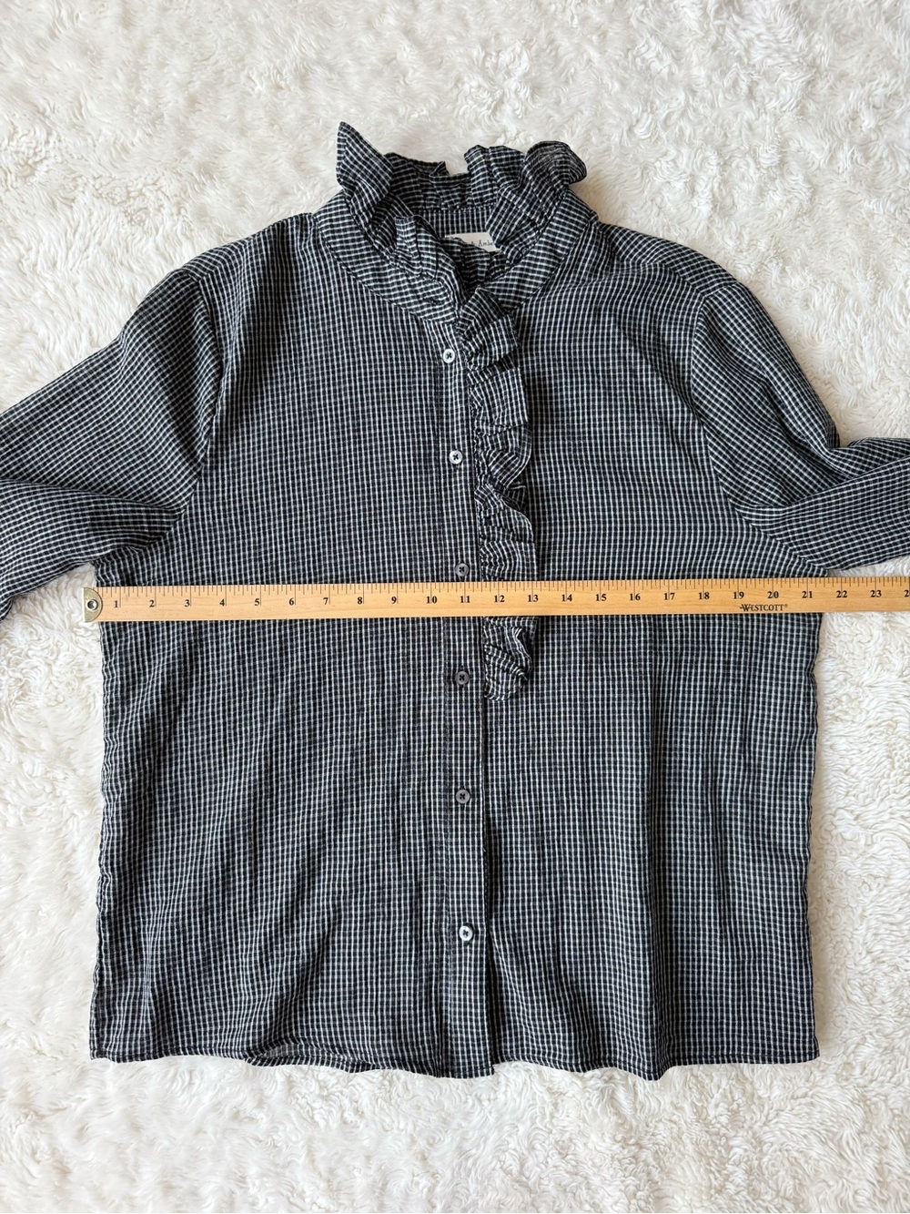 Aaron & Amber Black Light Cotton Gingham Victorian Ruffle Button Down Top LARGE - Picture 6 of 8